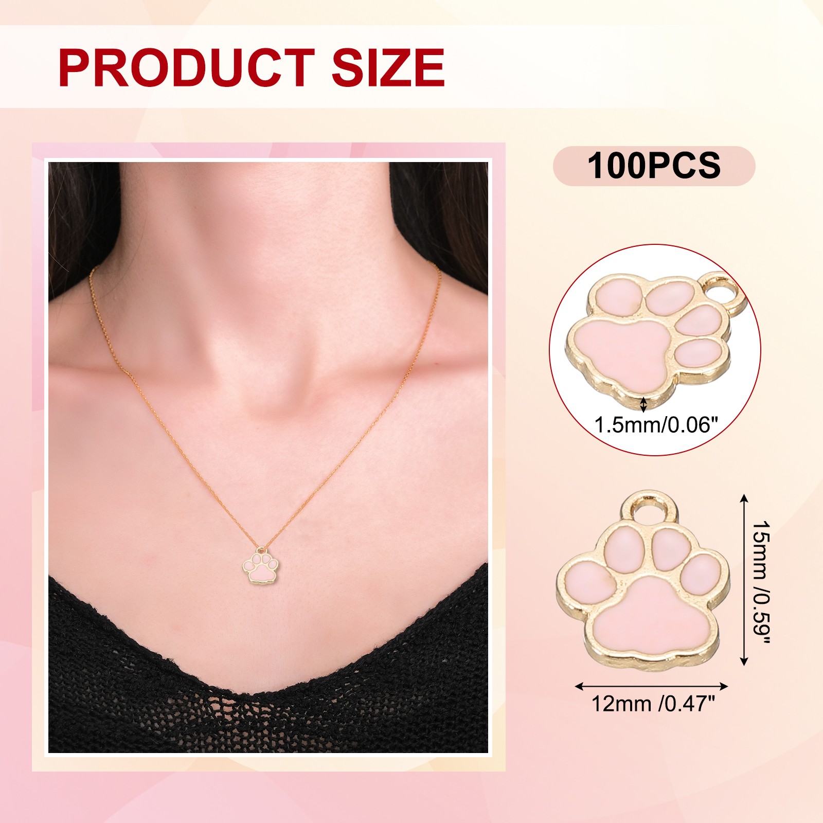 100 Pcs Pink/Gold Enamel Paw Print Charm Alloy Enamel Pendants