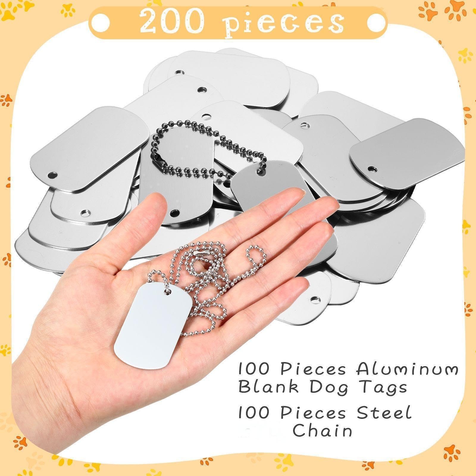200 Pcs Military Dog Tags Set – 100 Blank Aluminum Tags & 100 Steel Chains for D