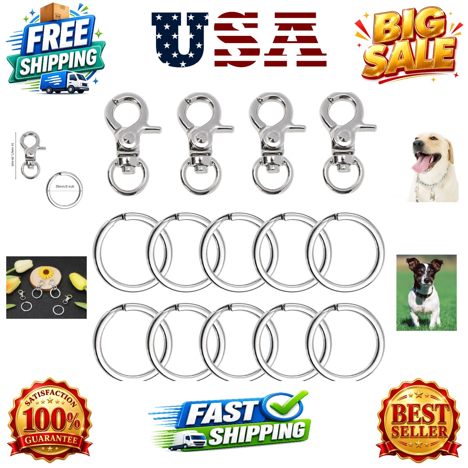 Dog Tag Clips 4Pcs Pet ID Name Tag Buckle Clips with 10Pcs Key Rings for Dog …