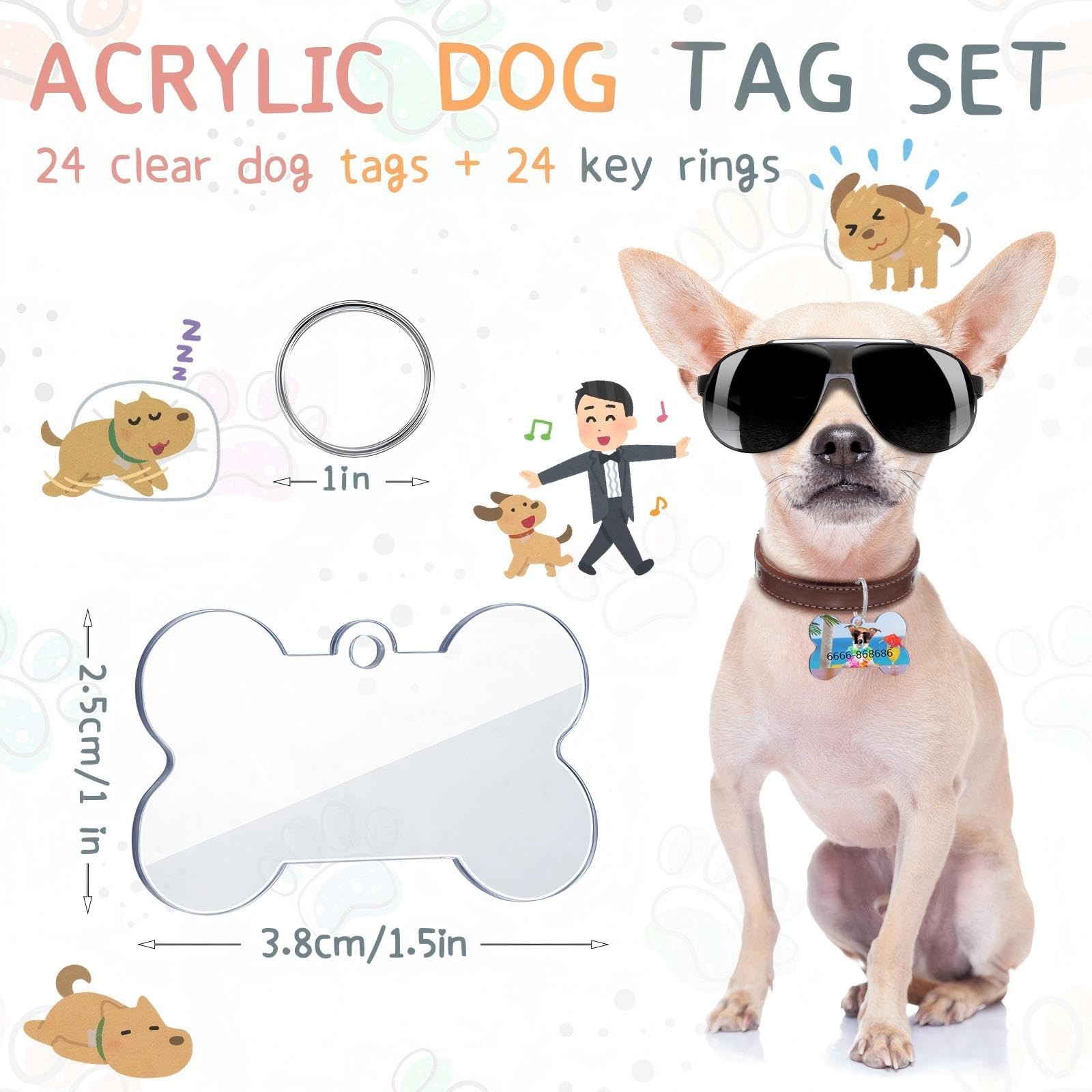 24 Pcs Blank Acrylic Dog Tag 1.49 x 1 Inch Double Dise Bone Shap Tags with Ke…