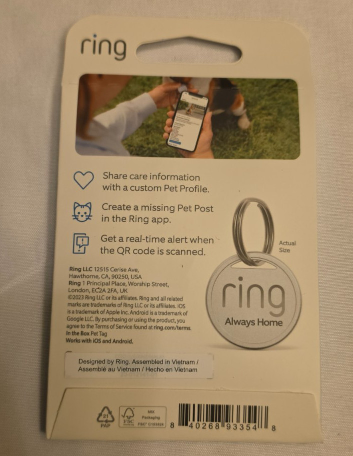 Ring Pet Tag | Easy-To-Use Tag with QR Code | Real-Time Scan Alerts | Shareable