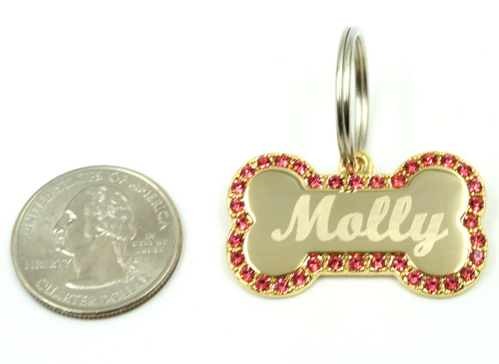 Custom Engraved Personalized Gold Plated Bone w/ Pink CZ Stones Dog Pet ID Tag