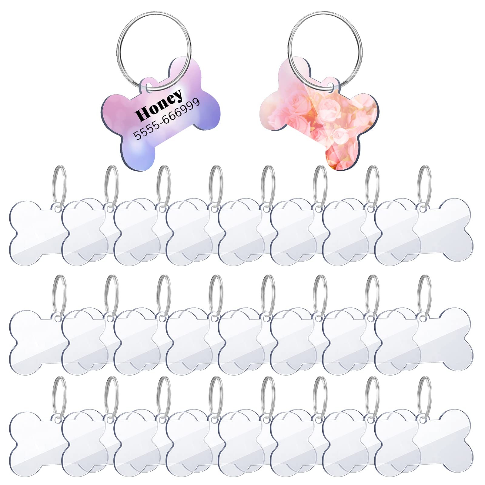 24 Pcs Blank Acrylic Dog Tag 1.49 x 1 Inch Double Dise Bone Shap Tags with Ke…